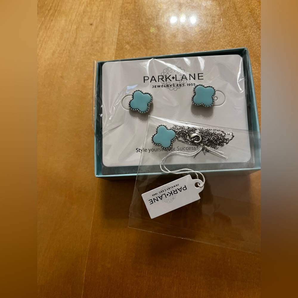 Park Lane earrings and necklace, silver toned with blue inside. NWT and box